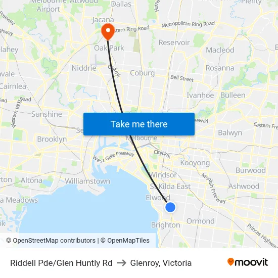 Riddell Pde/Glen Huntly Rd to Glenroy, Victoria map
