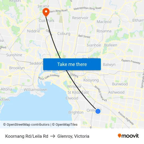 Koornang Rd/Leila Rd to Glenroy, Victoria map