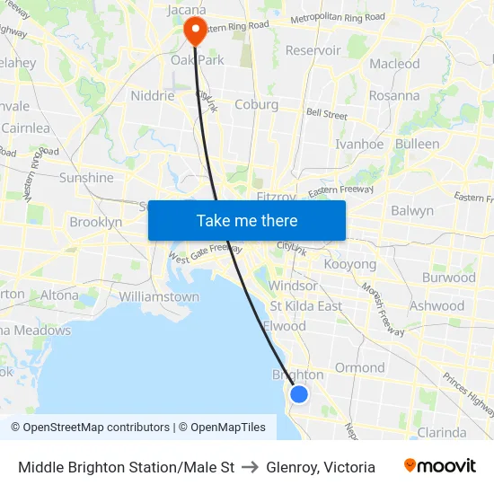 Middle Brighton Station/Male St to Glenroy, Victoria map