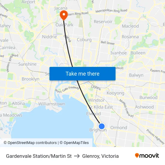 Gardenvale Station/Martin St to Glenroy, Victoria map