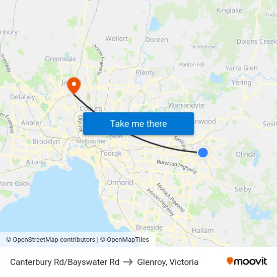Canterbury Rd/Bayswater Rd to Glenroy, Victoria map