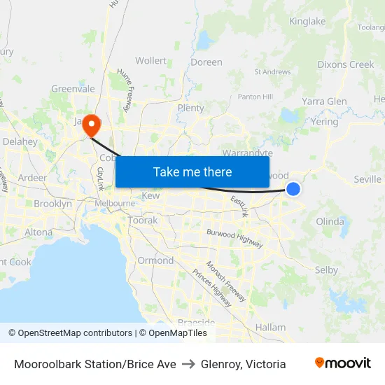 Mooroolbark Station/Brice Ave to Glenroy, Victoria map
