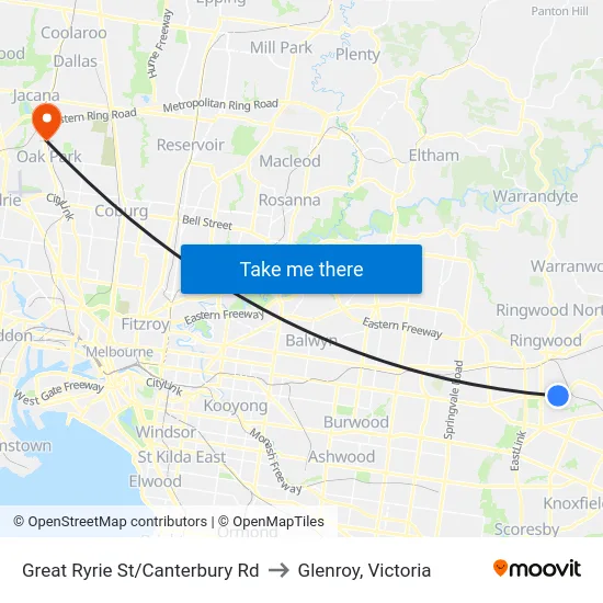 Great Ryrie St/Canterbury Rd to Glenroy, Victoria map
