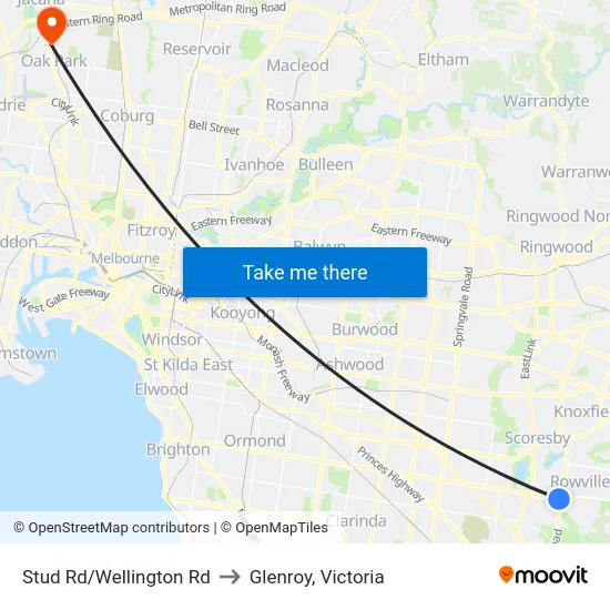 Stud Rd/Wellington Rd to Glenroy, Victoria map