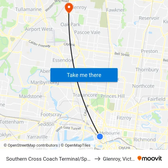 Southern Cross Coach Terminal/Spencer St to Glenroy, Victoria map