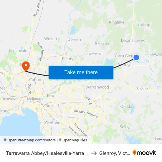 Tarrawarra Abbey/Healesville-Yarra Glen Rd to Glenroy, Victoria map
