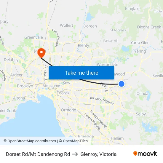 Dorset Rd/Mt Dandenong Rd to Glenroy, Victoria map