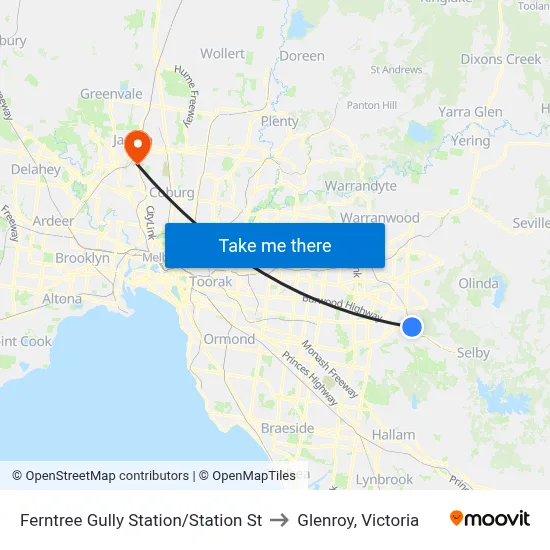 Ferntree Gully Station/Station St to Glenroy, Victoria map