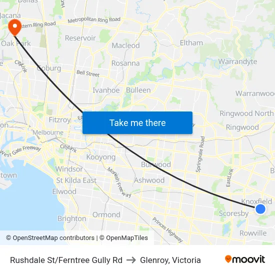 Rushdale St/Ferntree Gully Rd to Glenroy, Victoria map