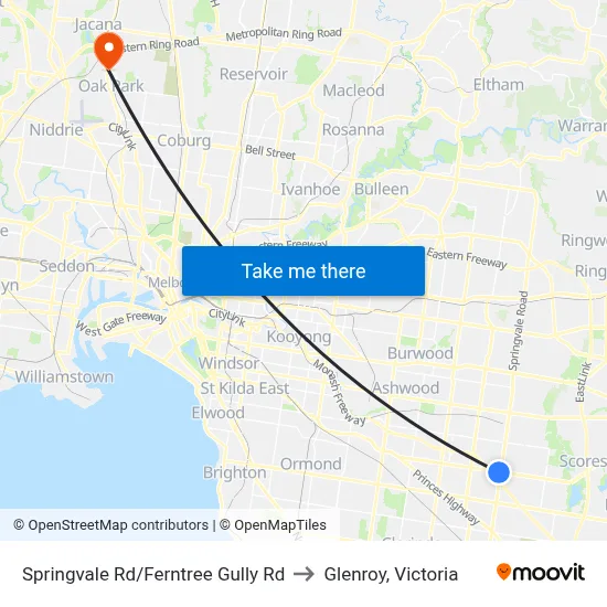 Springvale Rd/Ferntree Gully Rd to Glenroy, Victoria map
