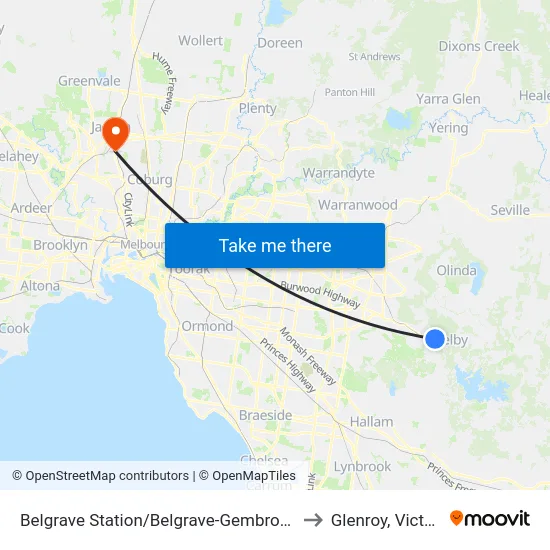 Belgrave Station/Belgrave-Gembrook Rd to Glenroy, Victoria map