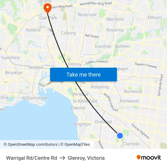 Warrigal Rd/Centre Rd to Glenroy, Victoria map