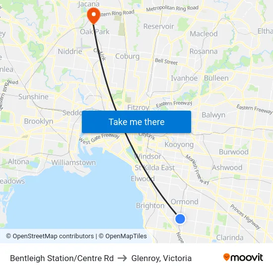 Bentleigh Station/Centre Rd to Glenroy, Victoria map
