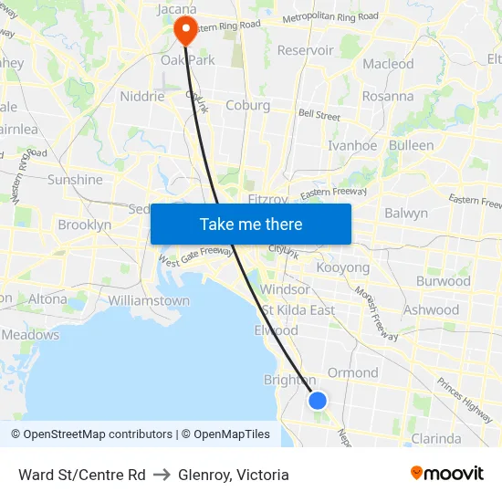 Ward St/Centre Rd to Glenroy, Victoria map
