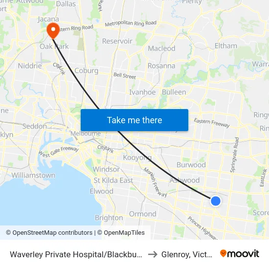 Waverley Private Hospital/Blackburn Rd to Glenroy, Victoria map