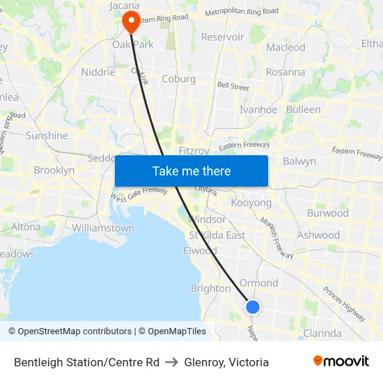 Bentleigh Station/Centre Rd to Glenroy, Victoria map