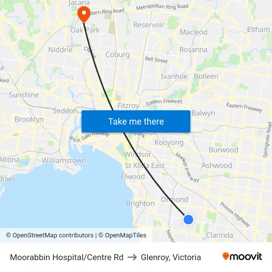 Moorabbin Hospital/Centre Rd to Glenroy, Victoria map