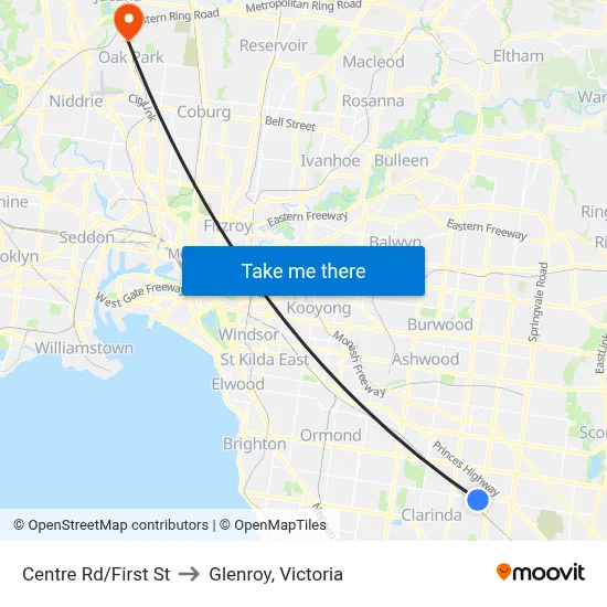 Centre Rd/First St to Glenroy, Victoria map