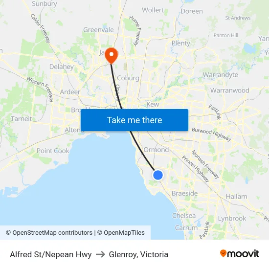 Alfred St/Nepean Hwy to Glenroy, Victoria map
