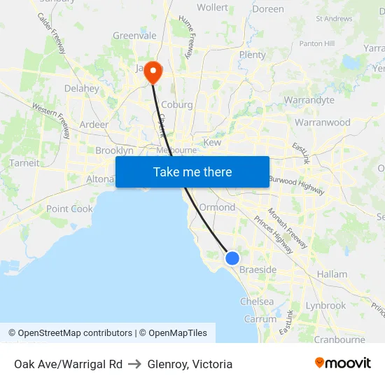 Oak Ave/Warrigal Rd to Glenroy, Victoria map