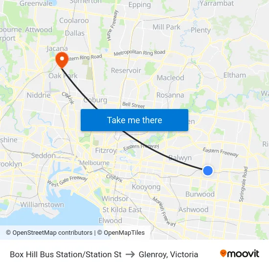 Box Hill Bus Station/Station St to Glenroy, Victoria map