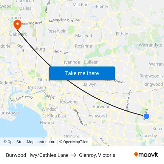 Burwood Hwy/Cathies Lane to Glenroy, Victoria map