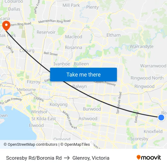 Scoresby Rd/Boronia Rd to Glenroy, Victoria map