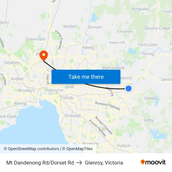 Mt Dandenong Rd/Dorset Rd to Glenroy, Victoria map