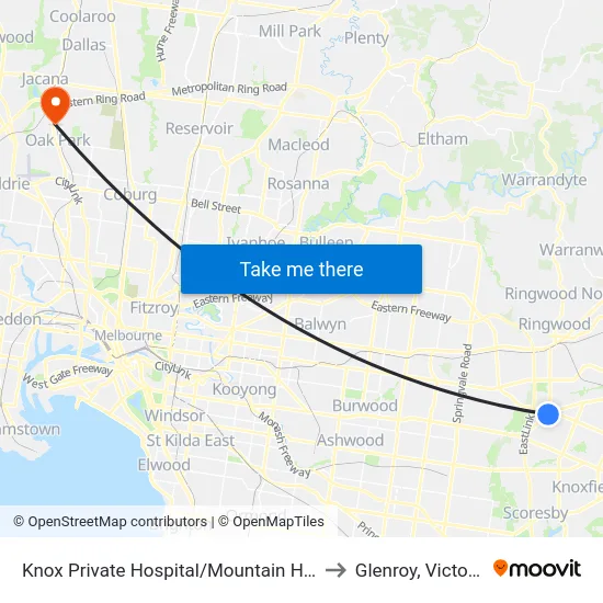 Knox Private Hospital/Mountain Hwy to Glenroy, Victoria map