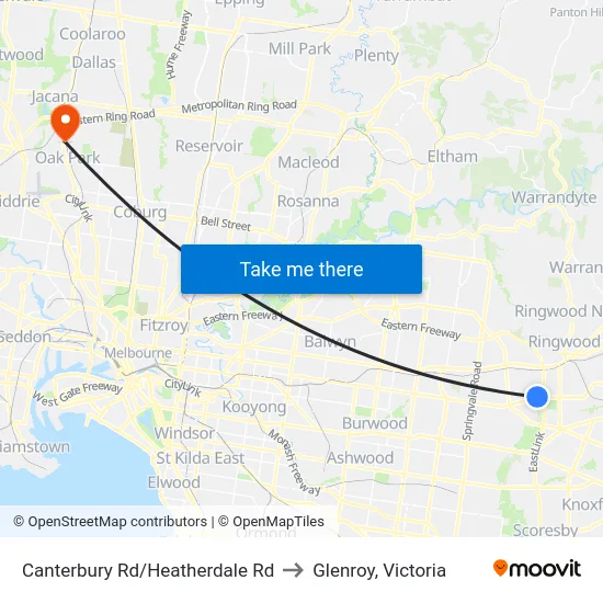Canterbury Rd/Heatherdale Rd to Glenroy, Victoria map