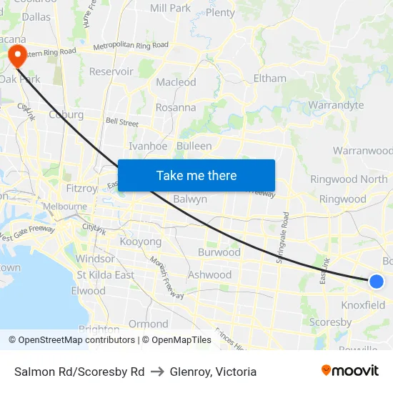 Salmon Rd/Scoresby Rd to Glenroy, Victoria map