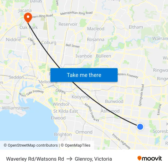 Waverley Rd/Watsons Rd to Glenroy, Victoria map
