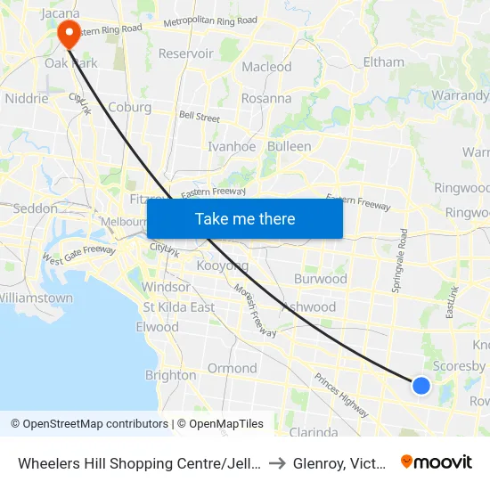 Wheelers Hill Shopping Centre/Jells Rd to Glenroy, Victoria map