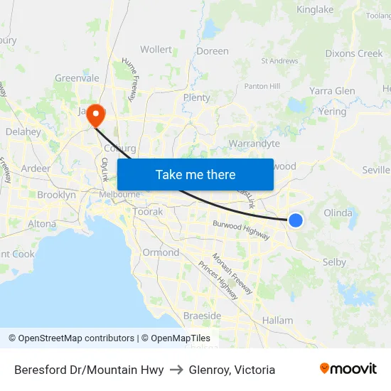 Beresford Dr/Mountain Hwy to Glenroy, Victoria map