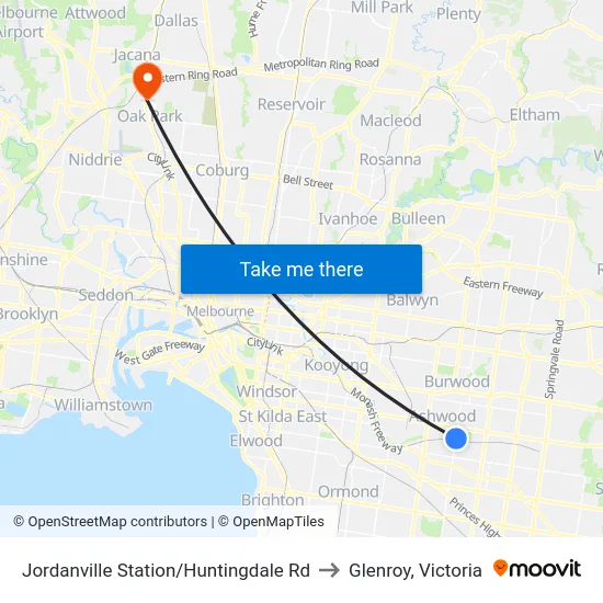 Jordanville Station/Huntingdale Rd to Glenroy, Victoria map