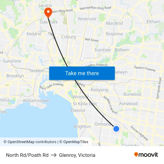 North Rd/Poath Rd to Glenroy, Victoria map