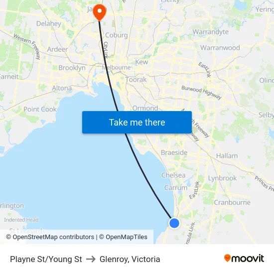 Playne St/Young St to Glenroy, Victoria map
