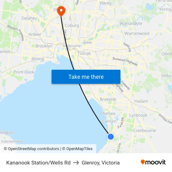 Kananook Station/Wells Rd to Glenroy, Victoria map