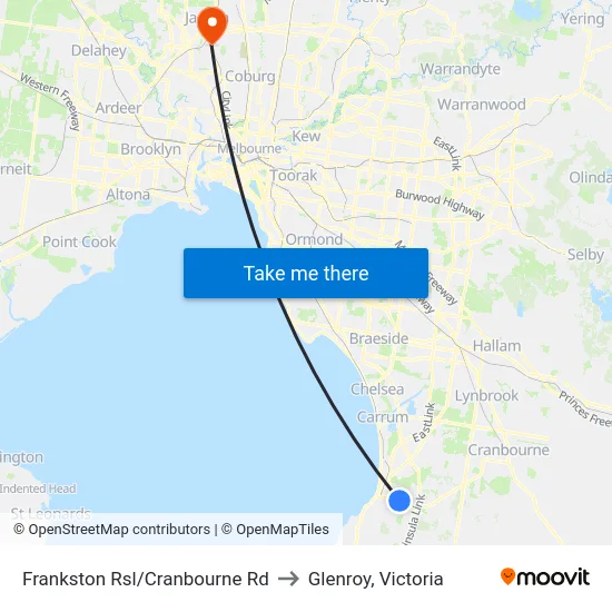 Frankston Rsl/Cranbourne Rd to Glenroy, Victoria map