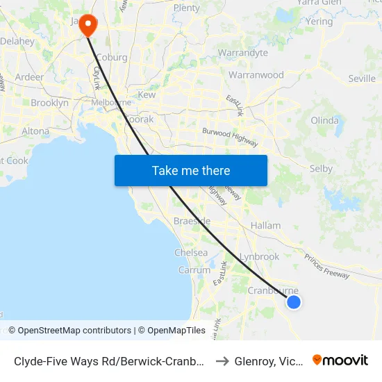 Clyde-Five Ways Rd/Berwick-Cranbourne Rd to Glenroy, Victoria map