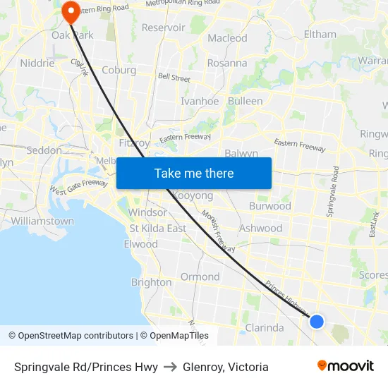 Springvale Rd/Princes Hwy to Glenroy, Victoria map