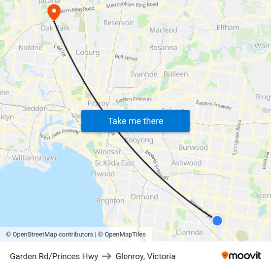 Garden Rd/Princes Hwy to Glenroy, Victoria map