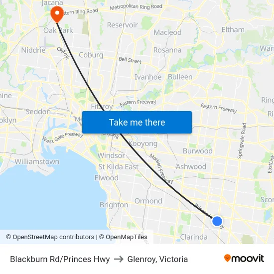 Blackburn Rd/Princes Hwy to Glenroy, Victoria map