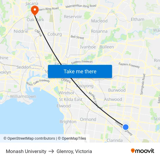 Monash University to Glenroy, Victoria map