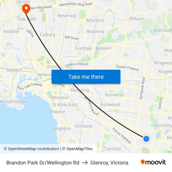 Brandon Park Dr/Wellington Rd to Glenroy, Victoria map
