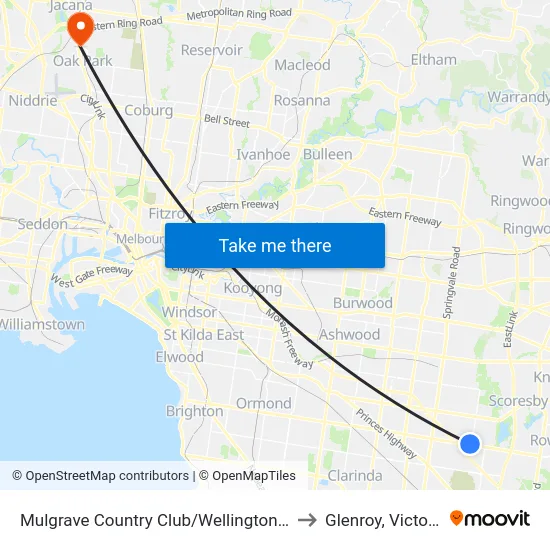 Mulgrave Country Club/Wellington Rd to Glenroy, Victoria map