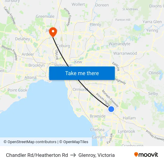 Chandler Rd/Heatherton Rd to Glenroy, Victoria map