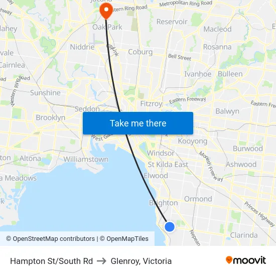 Hampton St/South Rd to Glenroy, Victoria map