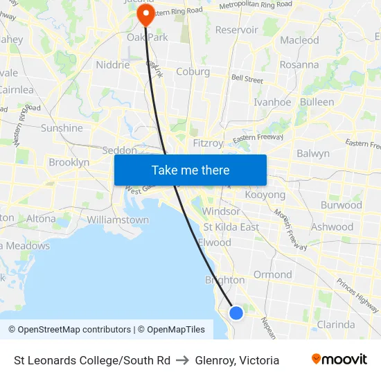 St Leonards College/South Rd to Glenroy, Victoria map
