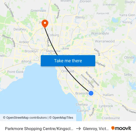 Parkmore Shopping Centre/Kingsclere Ave to Glenroy, Victoria map